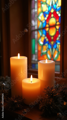 Cozy Candlelit Setting with Stained Glass Window photo