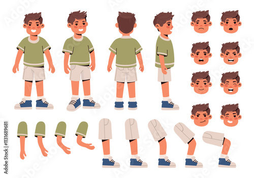 Character animation set. Little teenage boy with different facial emotions, gestures and poses. Arms, legs and other body parts construction. Flat vector illustration collection