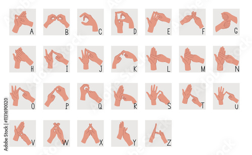 British sign language alphabet. Educational banner with hands showing various gestures denoting letters. People with hearing and speech impairments. Flat vector illustration