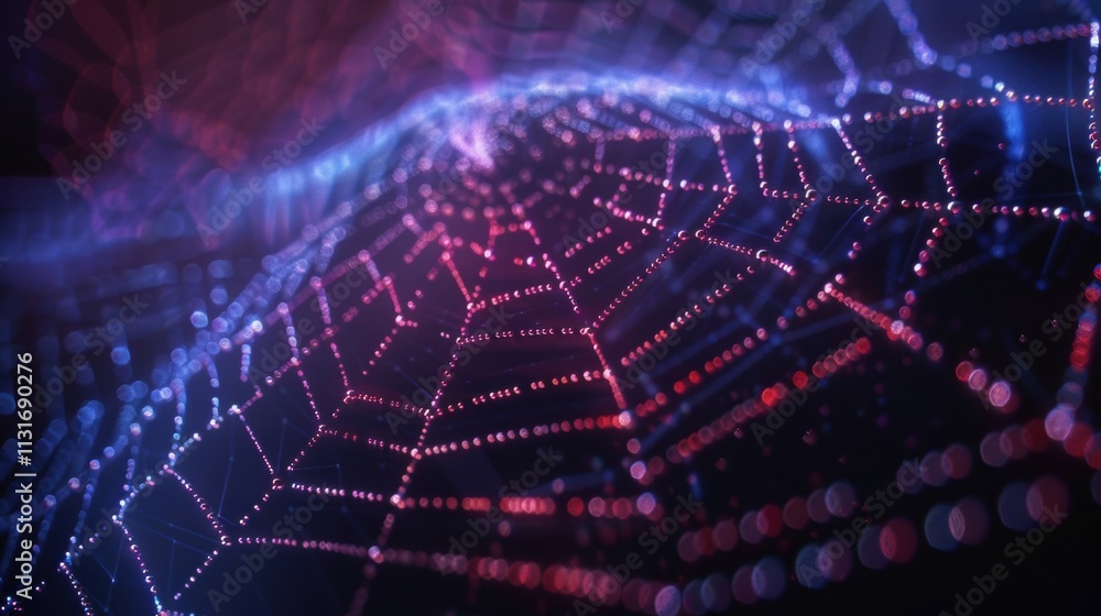 Obraz premium Complex network of interconnected glowing nodes forming a web like structure, symbolizing big data, cyberspace, and the interconnectedness of information in a futuristic digital landscape