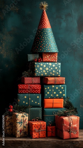 Christmas tree creative wrapping paper rolls festive artistic masterpiece image photo