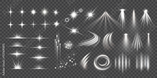 Set of lighting effects. Ray, flash, radiance, beam, sparkle and glow. Light elements from bulbs, spotlights and lanterns. Realistic vector illustration collection