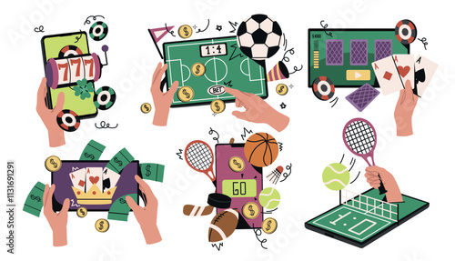 Set of people betting on sports online. Characters hands holding smartphones and playing game of chance. Wagering on football and tennis at bookmakers. Flat vector illustration