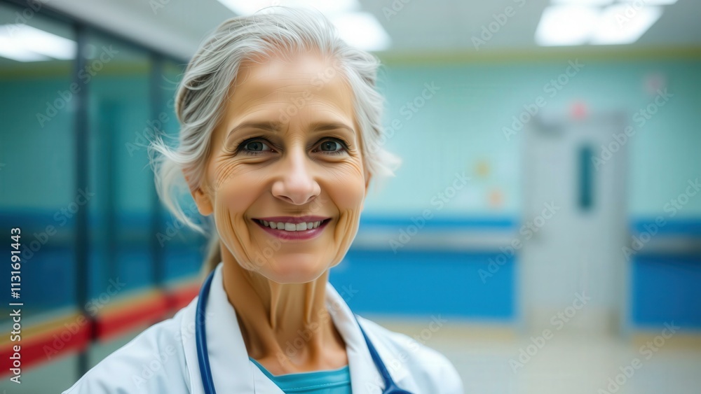 Fototapeta premium Professional Female Doctor in Hospital Setting, Ideal for Healthcare and Medical Industry Promotions