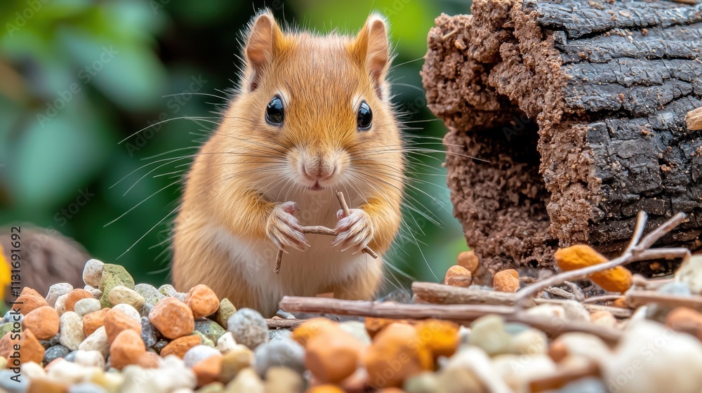 Fototapeta premium The small furry rodent busily carries tiny sticks and pebbles around the miniature construction site