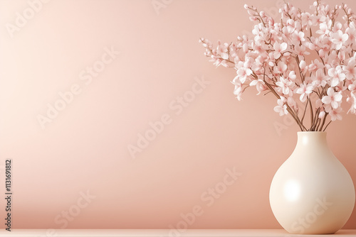 Delicate cherry blossoms bloom gracefully in a soft vase, set against a calming pink backdrop, evoking peace and beauty