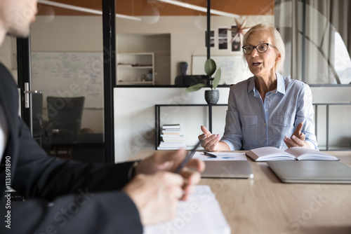 Mature 55s businesslady hold formal meeting with company clients, gathered together at conference table. Group of employees listening speech, explanations and new project details of serious older boss photo