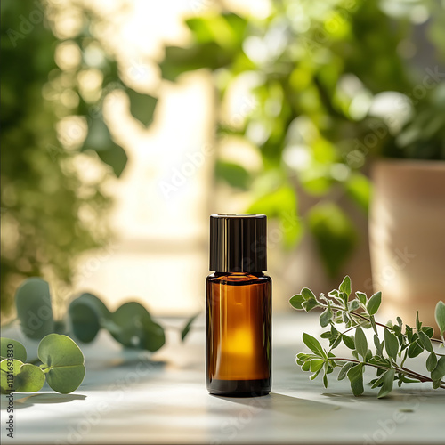 A realistic photo of a small ambercolored rollon bottle placed on a lightcolored table surrounded by specific plants eucalyptus peppermint The setting resembles a s photo