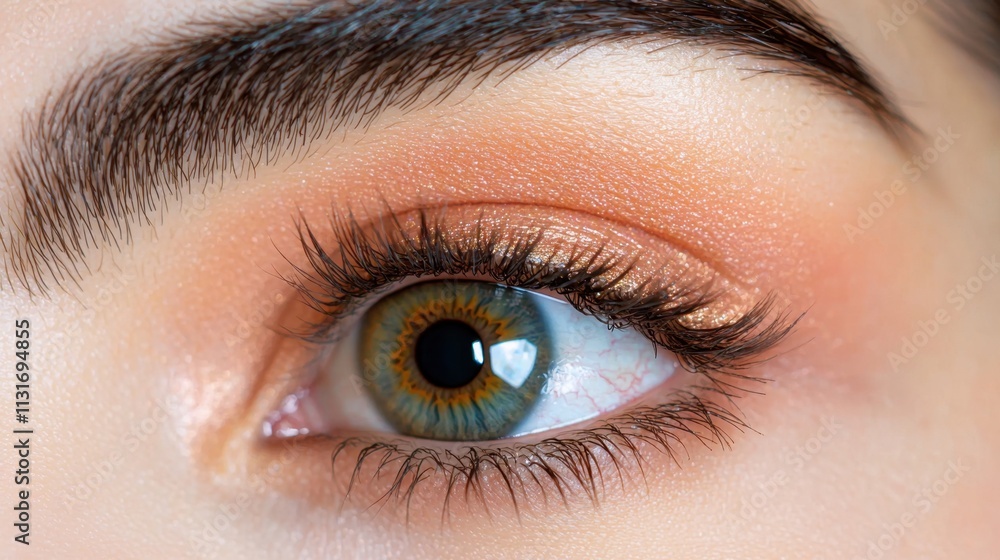 Fototapeta premium The close up image showcases the intricate details of a beautiful female eye with stunning natural makeup, highlighting the subtle shades and textures of her lashes, brow, and eyeshadow.