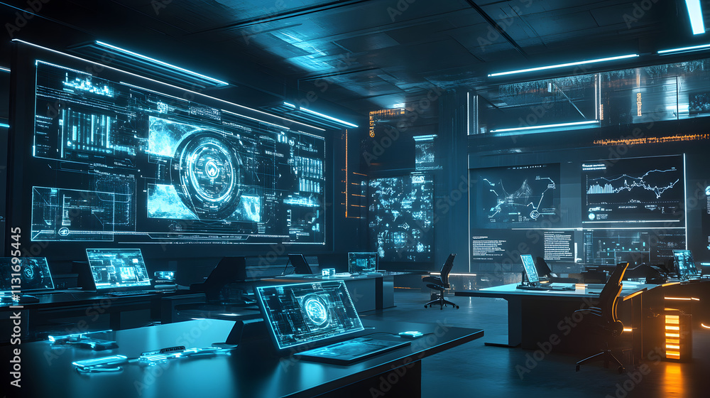 Obraz premium Futuristic Control Room with Advanced Technology and Data Visualization Displays