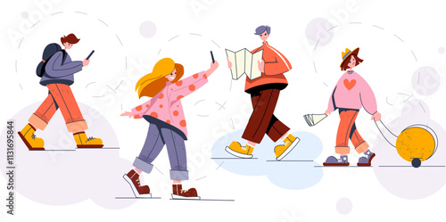 Tourists and travelers set. Happy men and women with backpack, luggage and map travel abroad, take selfies, go hiking and excursion trip. Flat vector illustration collection
