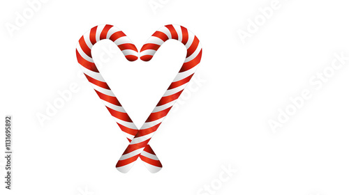 Red colored,striped two candy canes,heart shaped and  isolated on white surface. with large copy space.