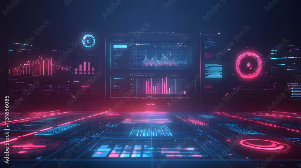 Obraz premium Futuristic user interface with glowing abstract elements and data visualizations in neon colors