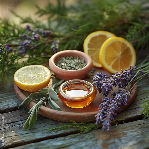 A natural earthy presentation of perfume oil ingredients crushed green herbs vibrant citrus peels creamy sandalwood curls and dried lavender sprigs all placed aroun photo