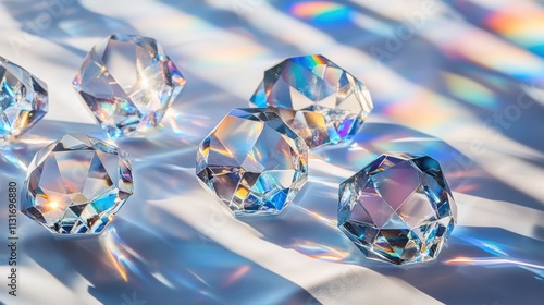 An abstract yet highly detailed image of translucent crystal shards refracting vivid light beams, floating in a serene yet enigmatic space, illuminated by soft diffused lighting