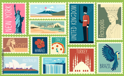 Set of travel post stamp. Famous landmark mail postmark. Postal stickers with tourist attractions and landscapes of different countries. Flat vector illustration collection