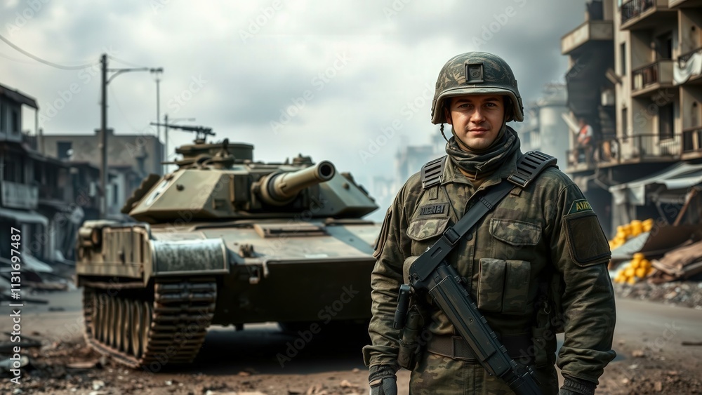 Fototapeta premium Military Soldier in Urban Combat Zone with Tank - Ideal for War, Conflict, and Military Themes