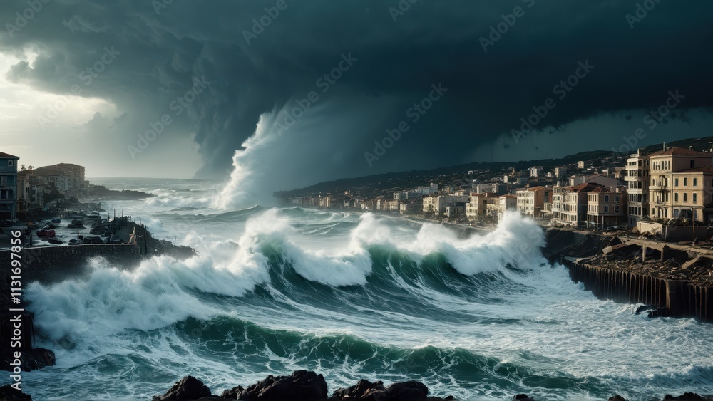Obraz premium Gigantic Ocean Waves Crashing Against a Coastal Town During a Storm