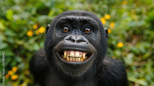 Closeup of funny big silver back gorilla ape primate monkey smiling face portrait looking at the camera, happy chimpanzee in the jungle or zoo, orangutan animal teeth. photo