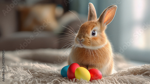 Sweet Bunny with Red, Blue, and Yellow Eggs