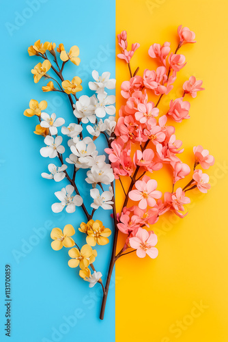 Colorful blossoms in white, pink, and yellow arranged on a vibrant blue and yellow background