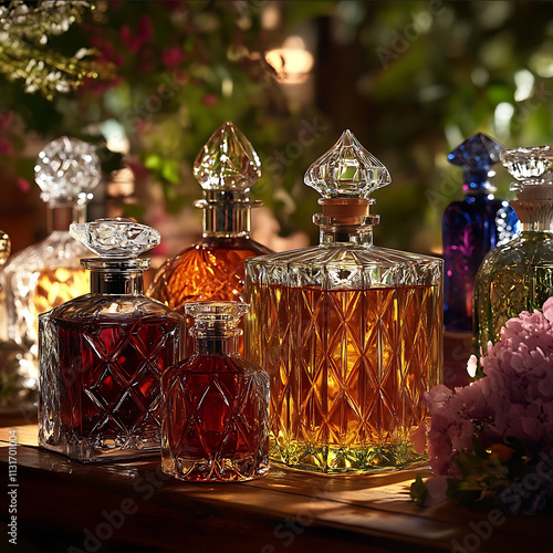 make me a advertisement picture for an email marketing campaign promoting perfume oils stored in fancy decanters photo