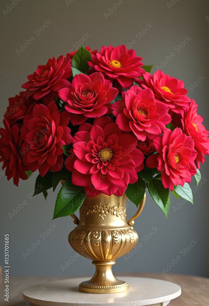 Fototapeta premium Vibrant red dahlia bouquet in ornate golden vase on wooden table