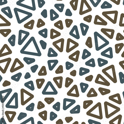 Triangles pattern. Medium triangles size. Multiple colors style. Rounded triangles outlined. Repeatable composition. Olive Drab Palette. Beautiful vector tiles. Seamless vector illustration.