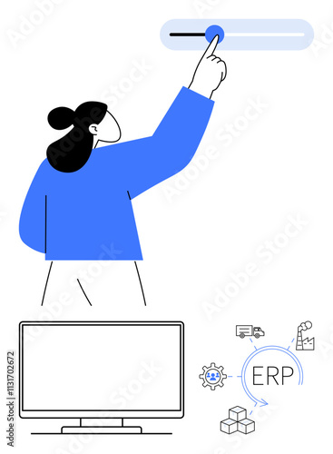 Person adjusting a slider on interface. Below, there are ERP system icons including gear, truck, factory, boxes, and computer monitor. Ideal for business, management technology workflow software