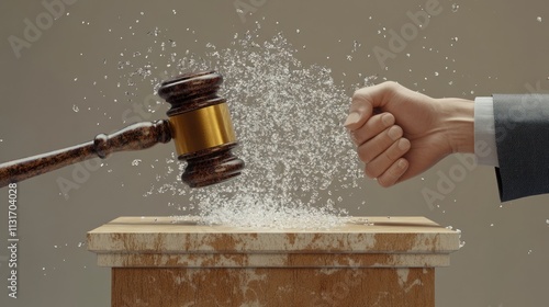 Gavel collides with fist, shattering water. photo