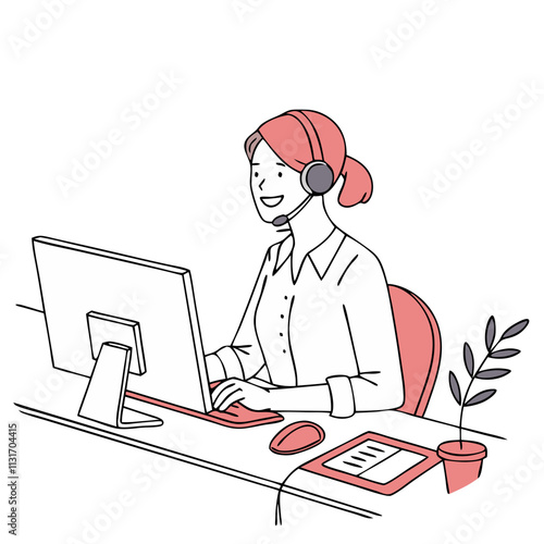 Call center operator working at a desk with a computer and headset while efficiently handling customer inquiries