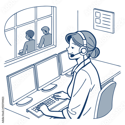 Call center operator assisting customers with inquiries during a busy workday in a modern office environment