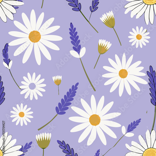 Chamomile and lavender blossoms create a calming floral pattern on a soft purple background