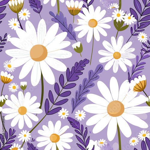 Colorful chamomile and lavender pattern with vibrant flowers on a purple background