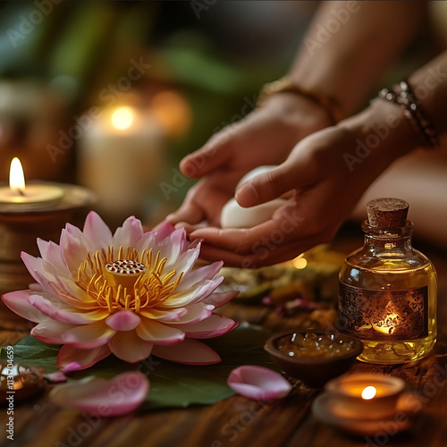 on a wooden table mens hands give a girl an Ayurvedic massage next to them are oils and creams a blooming lotus realistic image