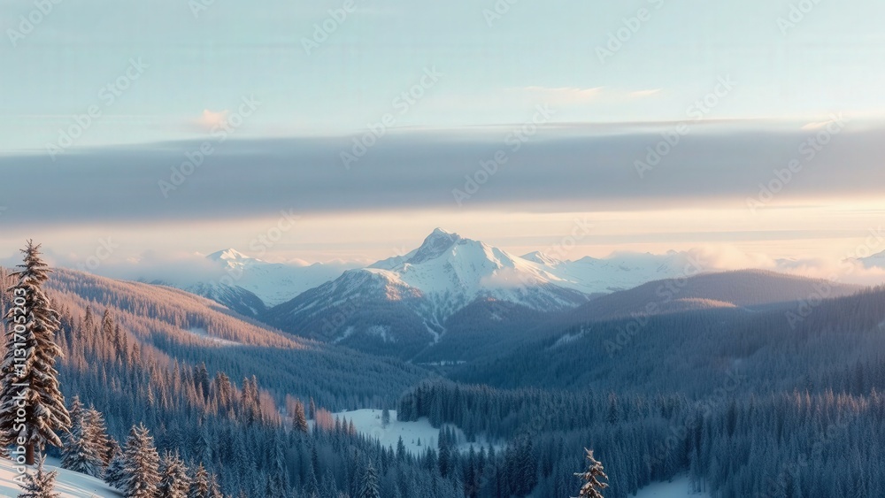 Obraz premium Winter Wonderland: Snow-Covered Mountains and Forest at Sunset, Perfect for Nature Lovers and Winter Sports Enthusiasts