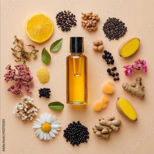 create a high resolution real photographic top view image of Sesame Seed Oil Rice Bran Oil Black Gram Mimosa Pudica TouchMeNot Plant Nut Grass Vetiver Root Turmeric