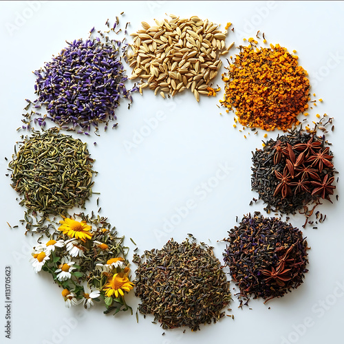 Overhead view of chamomile fennel anise licorice separated by tea leaves forming a circle white backgroung