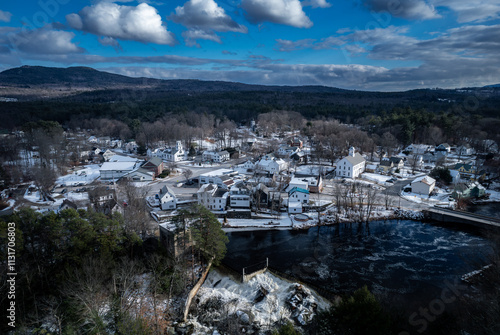 Aerial view of the Contoocook River and Bennington, New Hampshire in early winter  photo