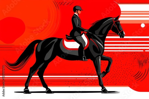 A flat 2D illustration of a horse and rider gracefully performing dressage, on a white background