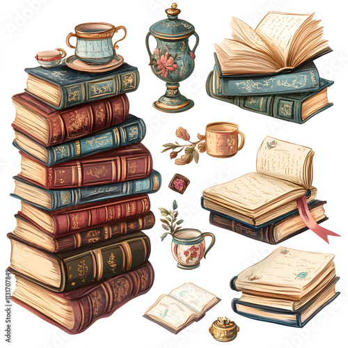 Stack of books clipart illustration on white background  photo