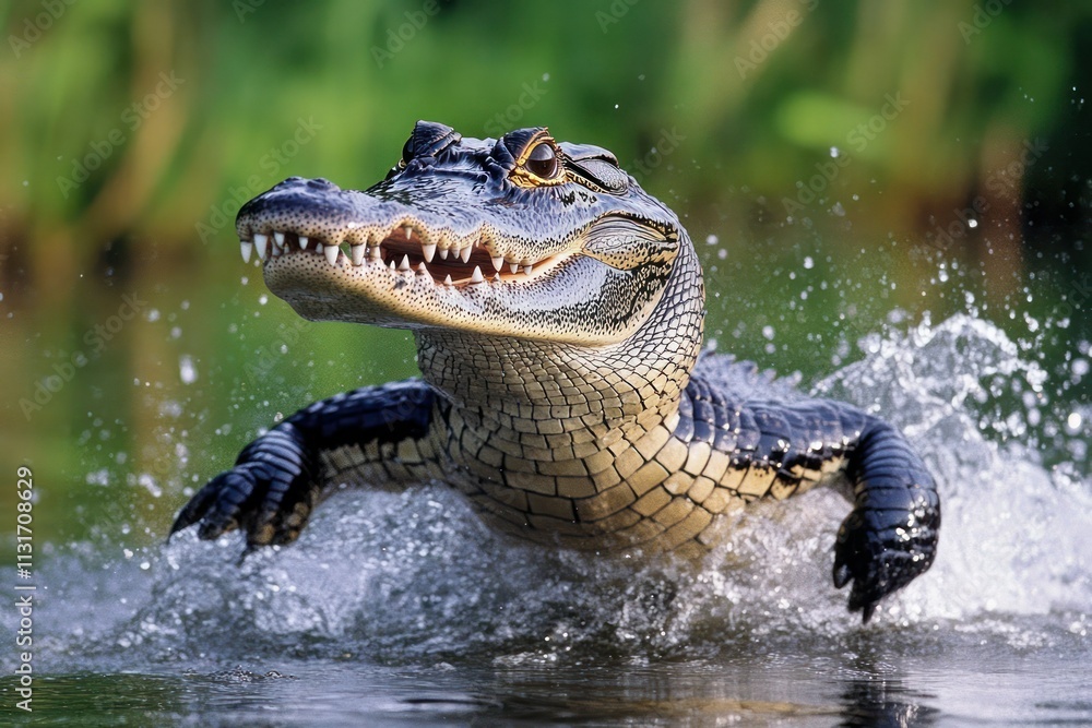 Fototapeta premium Alligator Emerging from Water at Sunset