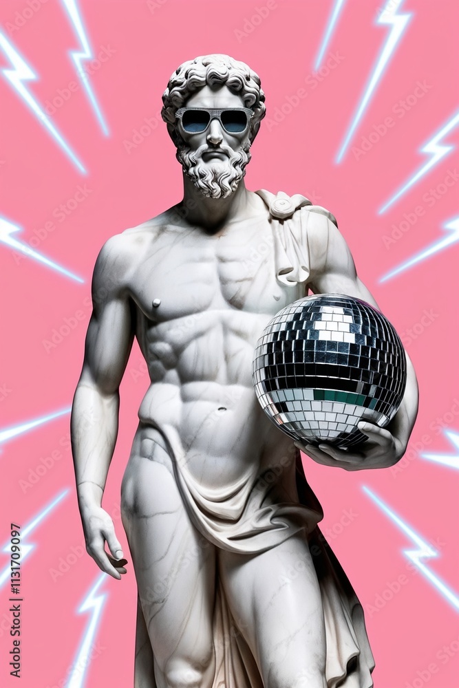 Obraz premium Marble antique man with discoball. Greek, roman male sculpture in sunglasses with party accessories. Creative playful composition