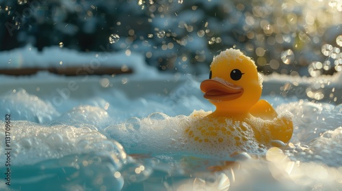 A yellow rubber duck floats in a hot tub filled with bubbles, snow falling gently in the background.