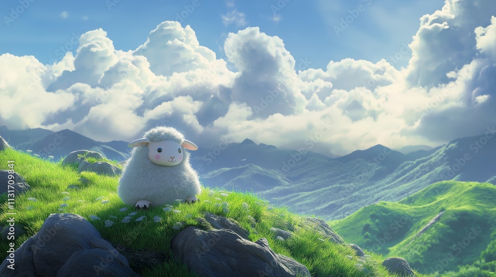 Fototapeta premium Cute Sheep on a Green Hillside Overlooking Mountains
