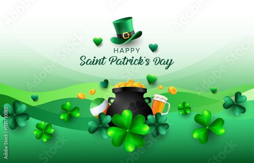 Abstract wavy festive green background for Saint Patrick’s Day with leprechauns green hat, pot of money, gold coins, beer and shamrock leaves. Vector illustration design.