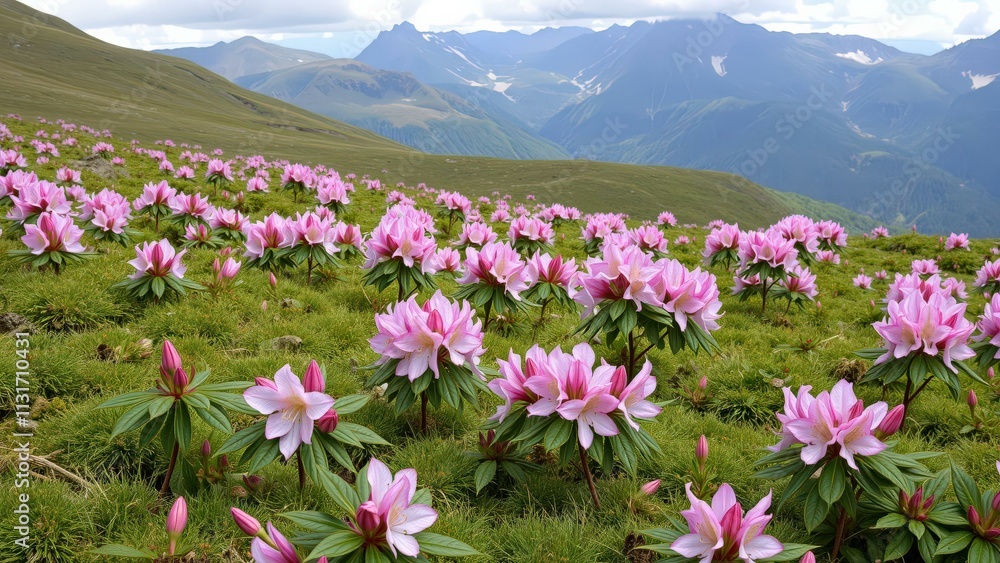 Obraz premium Mountain Meadow Bliss: A Symphony of Pink Flowers and Verdant Hills