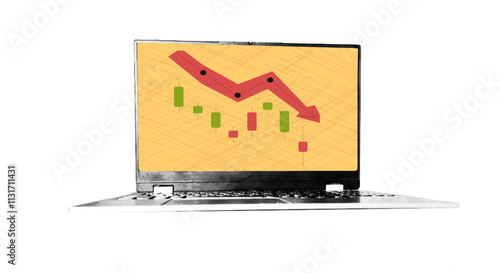 Stylish Laptop halftone bitcoin trading chart on transparent background. Japanese candles bear market. Sales fall, arrow down. collage of cryptocurrency theme