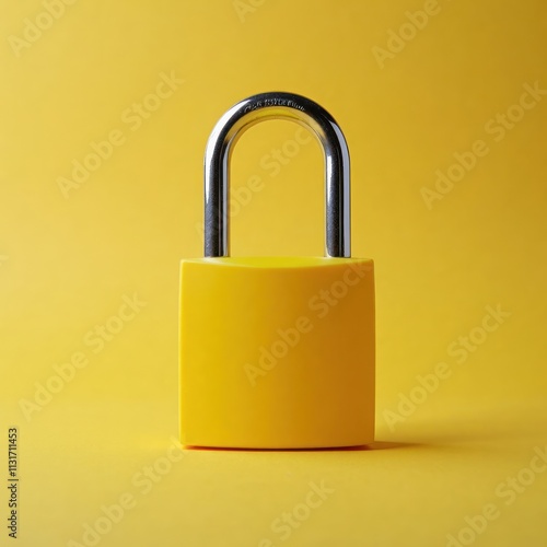 Bright yellow padlock with silver shackle. Safety, security concept. Simple design for secure storage protection. Strong image reliable protection against unauthorized access. Perfect for tech photo