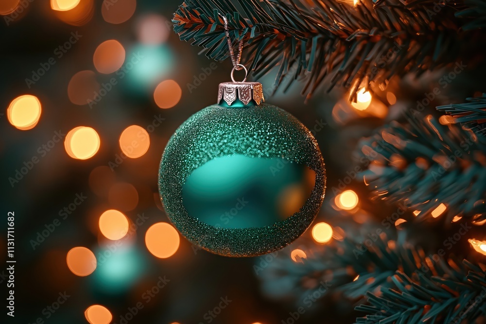 Fototapeta premium Green Christmas ornament on tree. Festive decoration. Warm lighting. Holiday season. Festive atmosphere. Christmas tree branch. Close-up view. Festive ornament. Winter holidays. Sparkly surface.